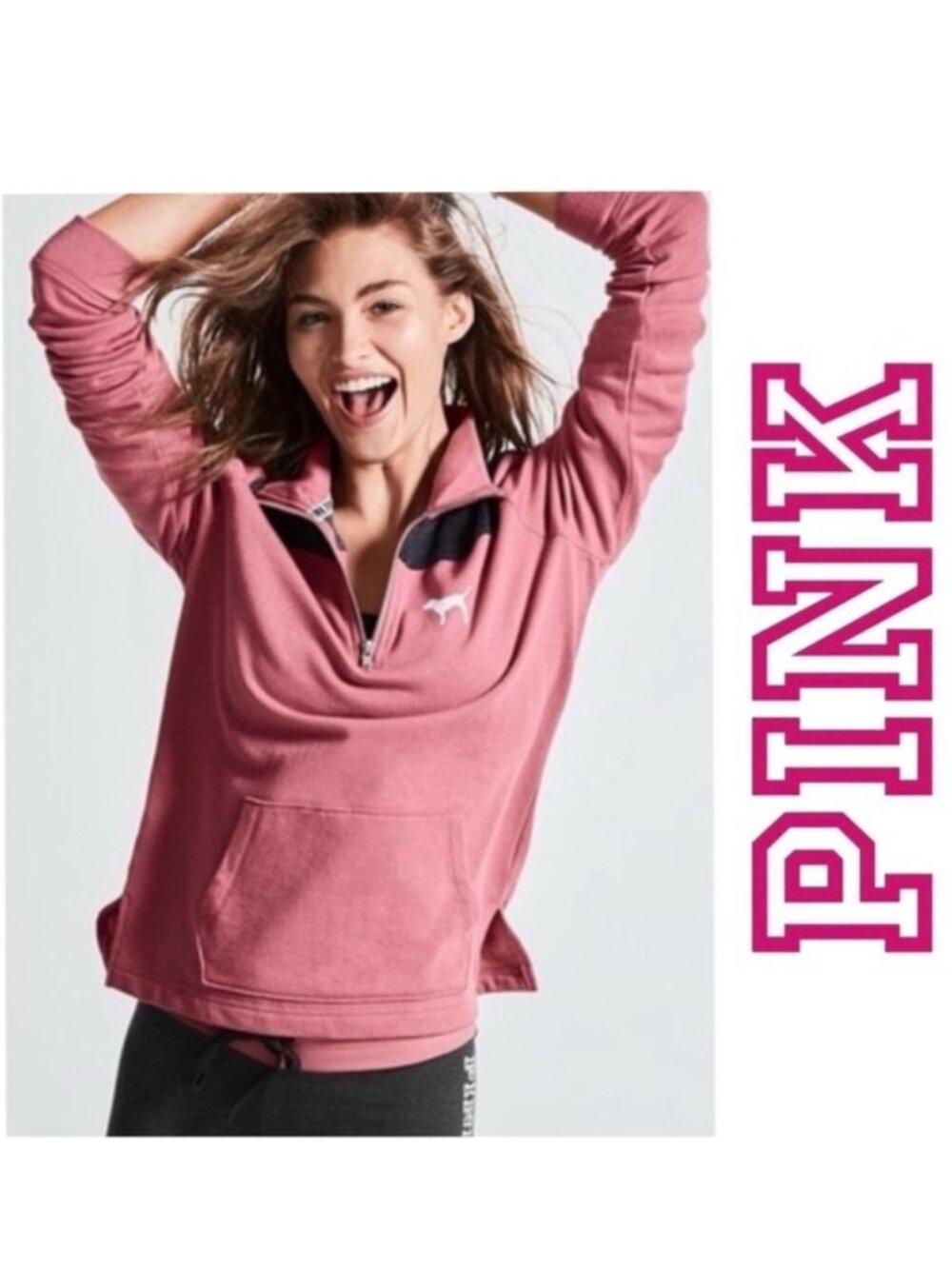 Victoria’s Secret PINK | Logo Shoulder Begonia Quarter Zip Pullover | Size Large